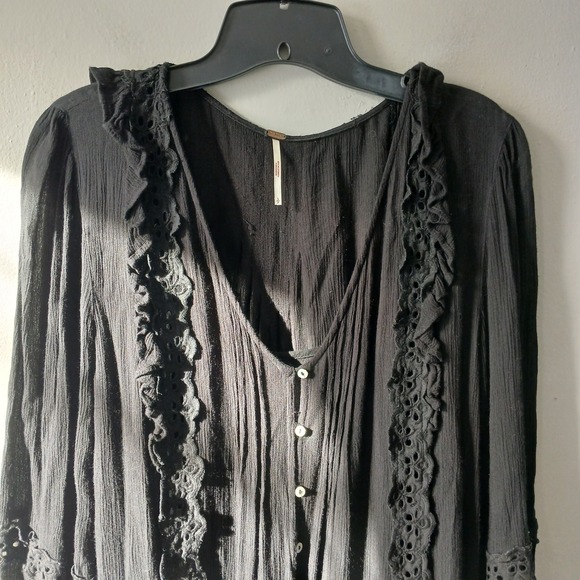 Free People Size Small‎ Snow Angel Mini Dress Black Long Sleeve Bohemian Slip - Picture 2 of 13